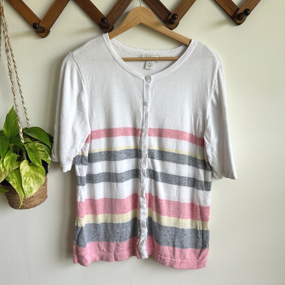 Christopher & Banks Womens White Striped Short Sleeve Cardigan Sweater Medium